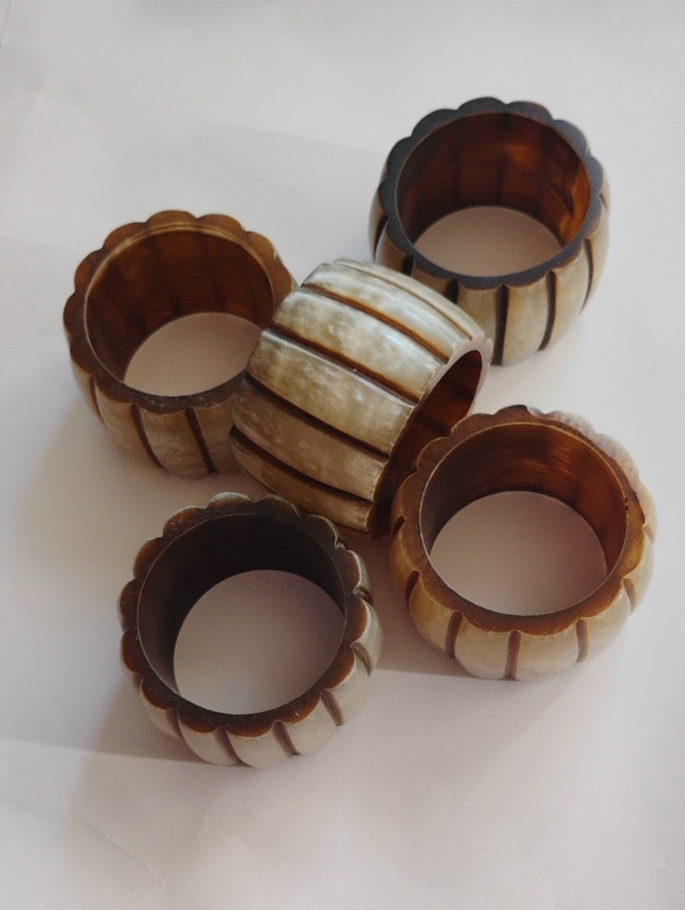 Carved Brown and Cream Napkin Ring Set of Five